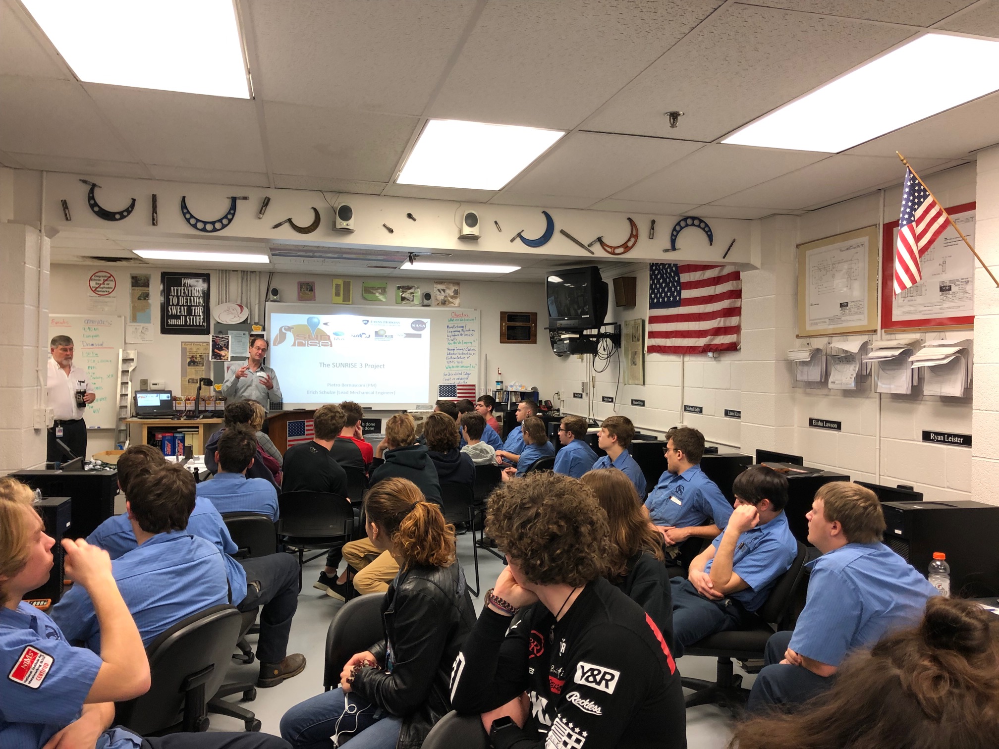 Erich Schulze, a mechanical engineer at Johns Hopkins APL, gives a presentation about the science and design of NASA’s SUNRISE 3 mission to a classroom of technology students.