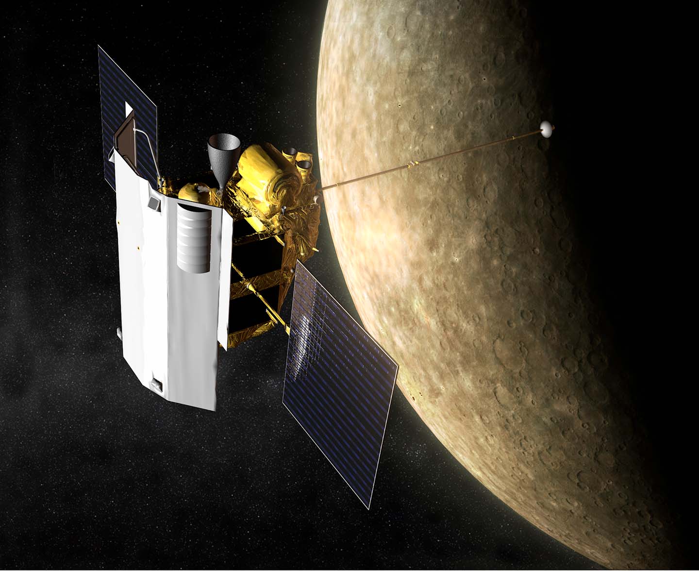 Artist's impression of the MErcury Surface, Space ENvironment, GEochemistry, and Ranging (MESSENGER) spacecraft in orbit at Mercury