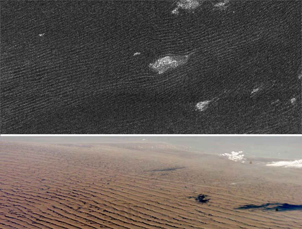 Cassini radar sees sand dunes on Saturn's giant moon Titan (upper photo) that are sculpted like Namibian sand dunes on Earth (lower photo).