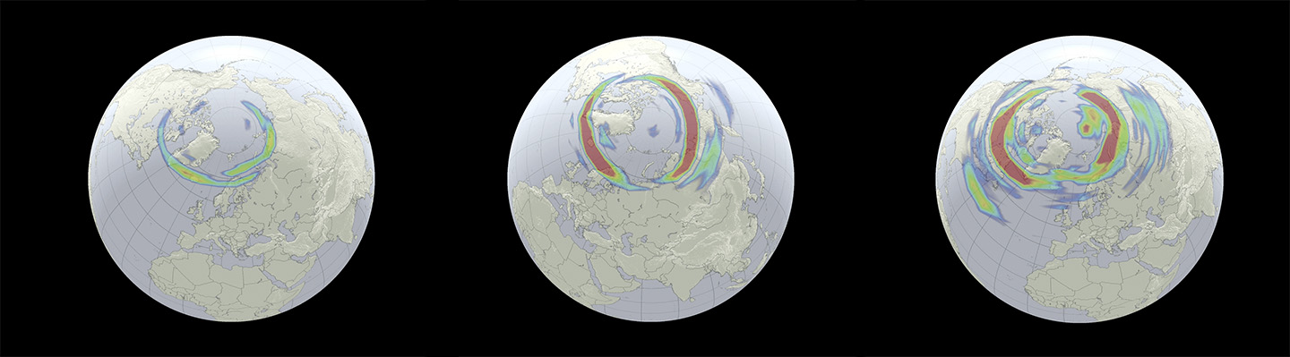 AMPERE measured electric currents during a small magnetic storm. This view is from above the North Pole and slightly behind the Earth, with the Sun toward the top of the screen. Gray and blue colors represent weak currents, while greens, yellows and reds show progressively stronger currents.
