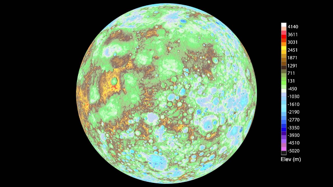 Global digital elevation model of Mercury's surface, colored according to the planet's topography