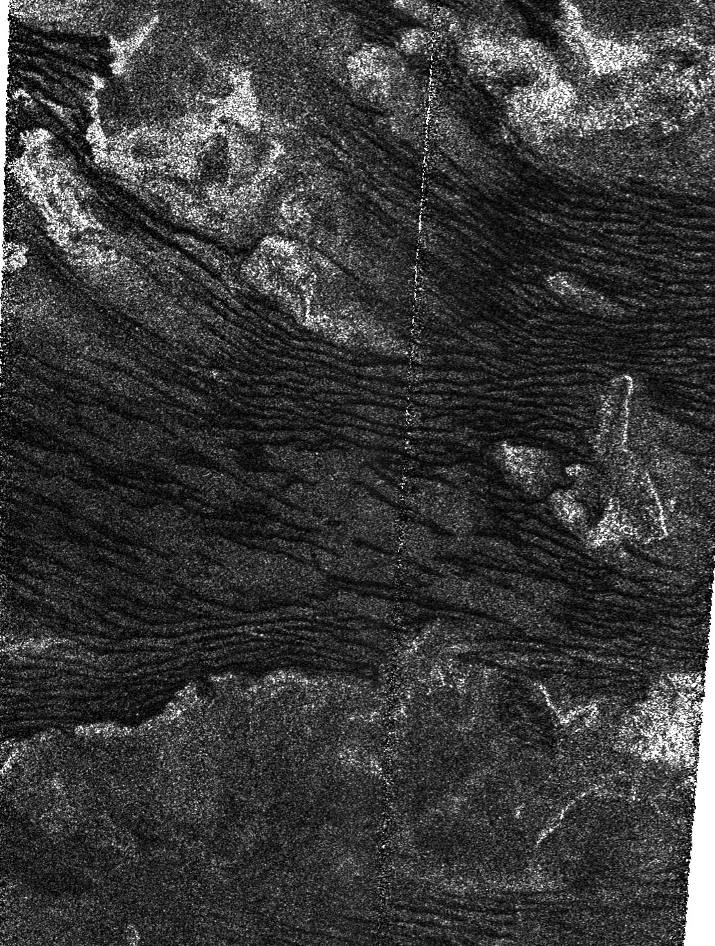 This is a portion of a Cassini radar mapper image obtained by the Cassini spacecraft on its Dec. 21, 2008, flyby of Saturn's moon Titan.