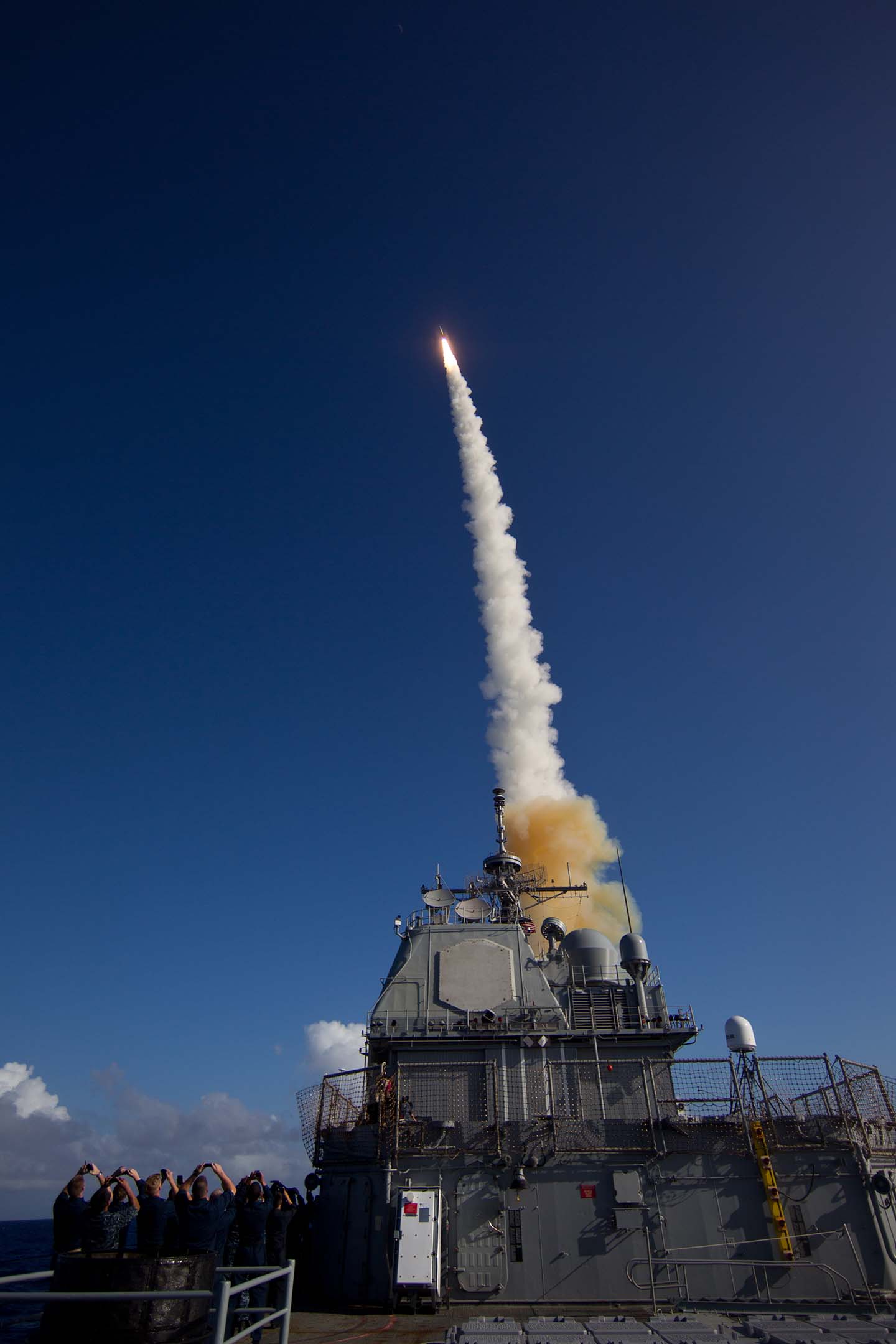 A Standard Missile-3 (SM-3) Block 1B interceptor is launched from the USS Lake Erie (CG 70)