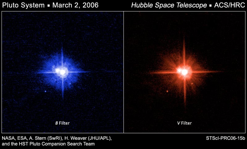 These NASA Hubble Space Telescope images of Pluto were taken on March 2, 2006, using the High Resolution Channel (HRC) of the Advanced Camera for Surveys (ACS). The image on the left was taken through a blue filter (F435W), and the one on the right was taken through a red filter (F606W).