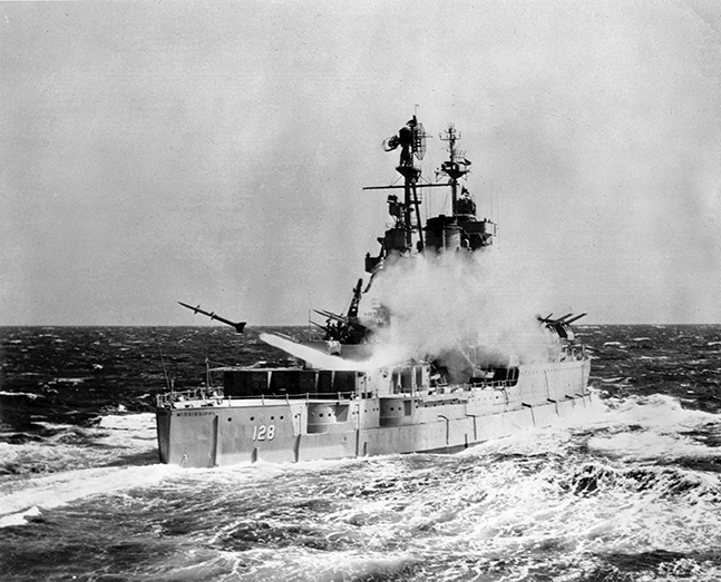  Terrier missile roars off the aft launcher of USS Mississippi (1953)