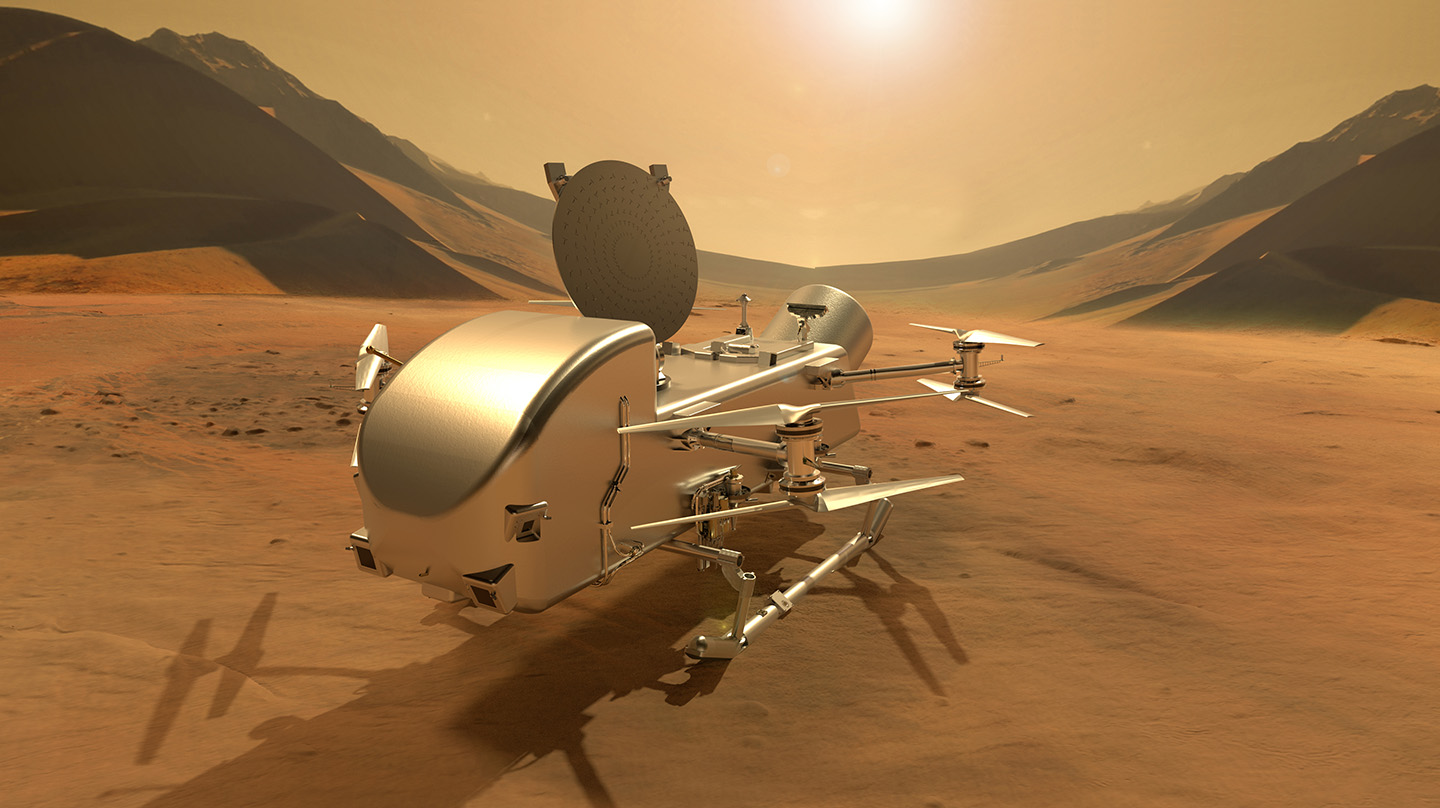 Artist's impression of the Dragonfly rotorcraft lander on the surface of Titan