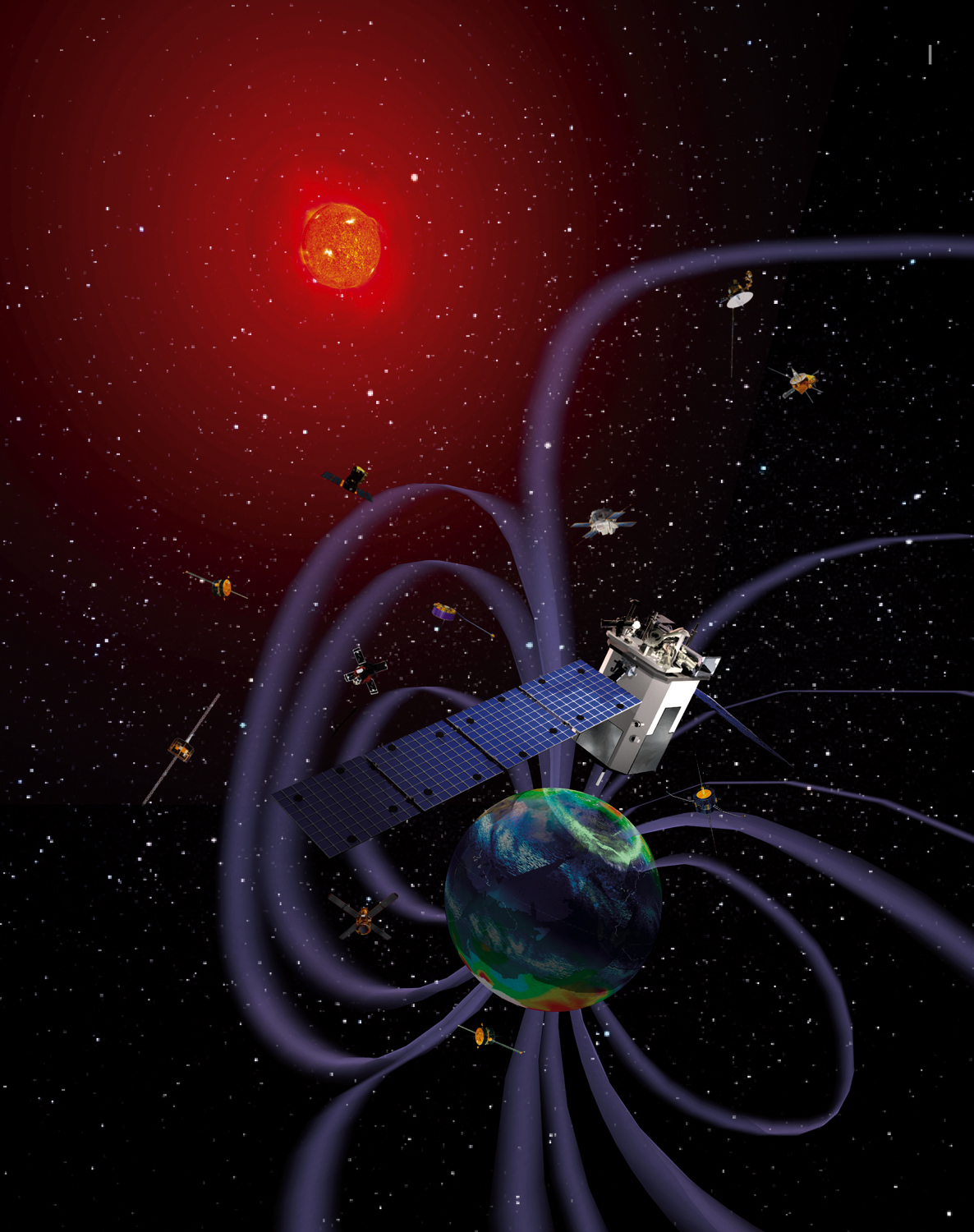 Artist's depiction of TIMED (foreground) and a collection of other NASA spacecraft comprising the Heliophysics Great Observatory