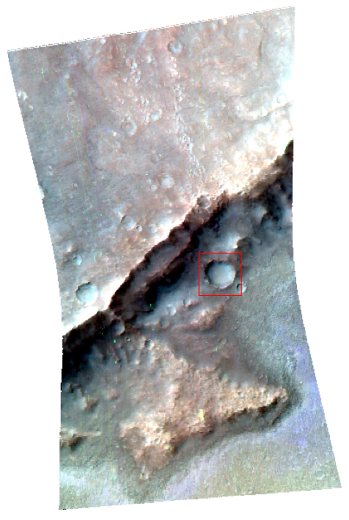 This infrared image, taken by the Compact Reconnaissance Imaging Spectrometer for Mars aboard NASA's Mars Reconnaissance Orbiter, focuses on the wall of a depressed land area in Mars' ancient southern highlands