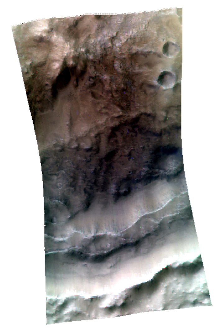This image, taken by the Compact Reconnaissance Imaging Spectrometer for Mars aboard NASA's Mars Reconnaissance Orbiter, shows the infrared brightness of the central peak and wall of a crater in Tyrrhena Terra, in Mars' southern highlands
