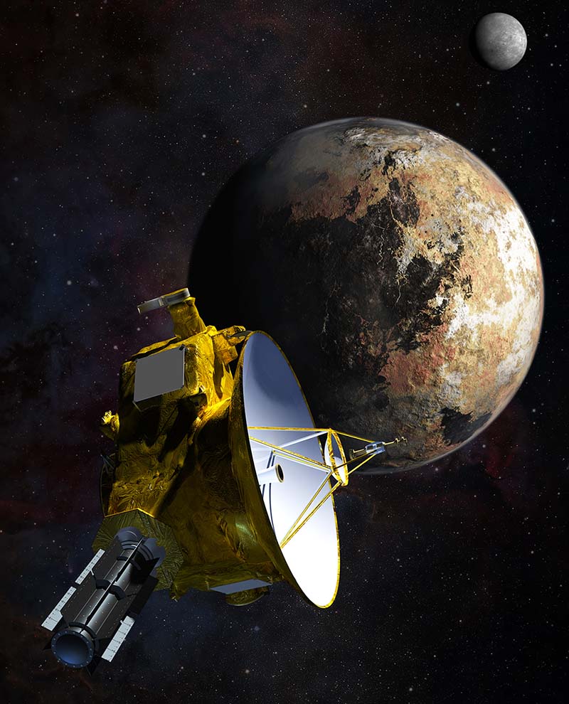 Artist's impression of NASA's New Horizons spacecraft as it passes Pluto and Pluto's largest moon, Charon