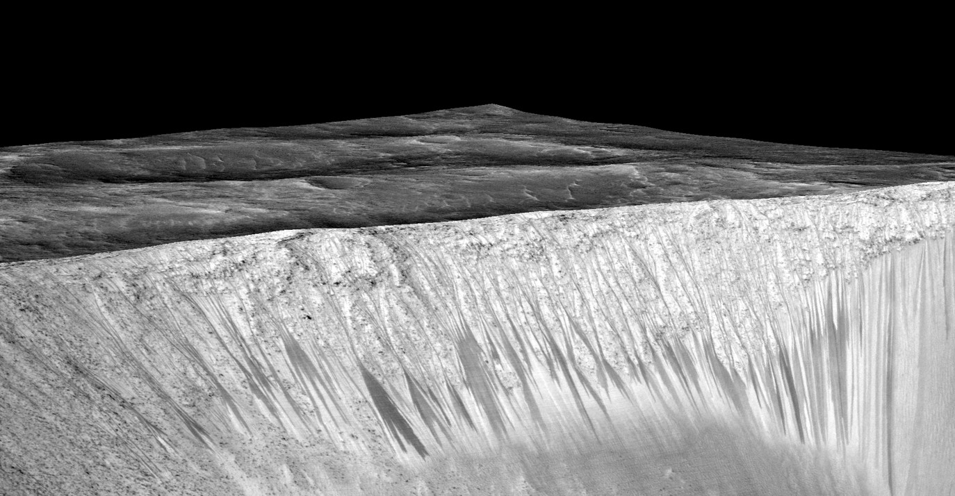 Dark narrow streaks called recurring slope lineae emanating out of the walls of Garni crater on Mars.