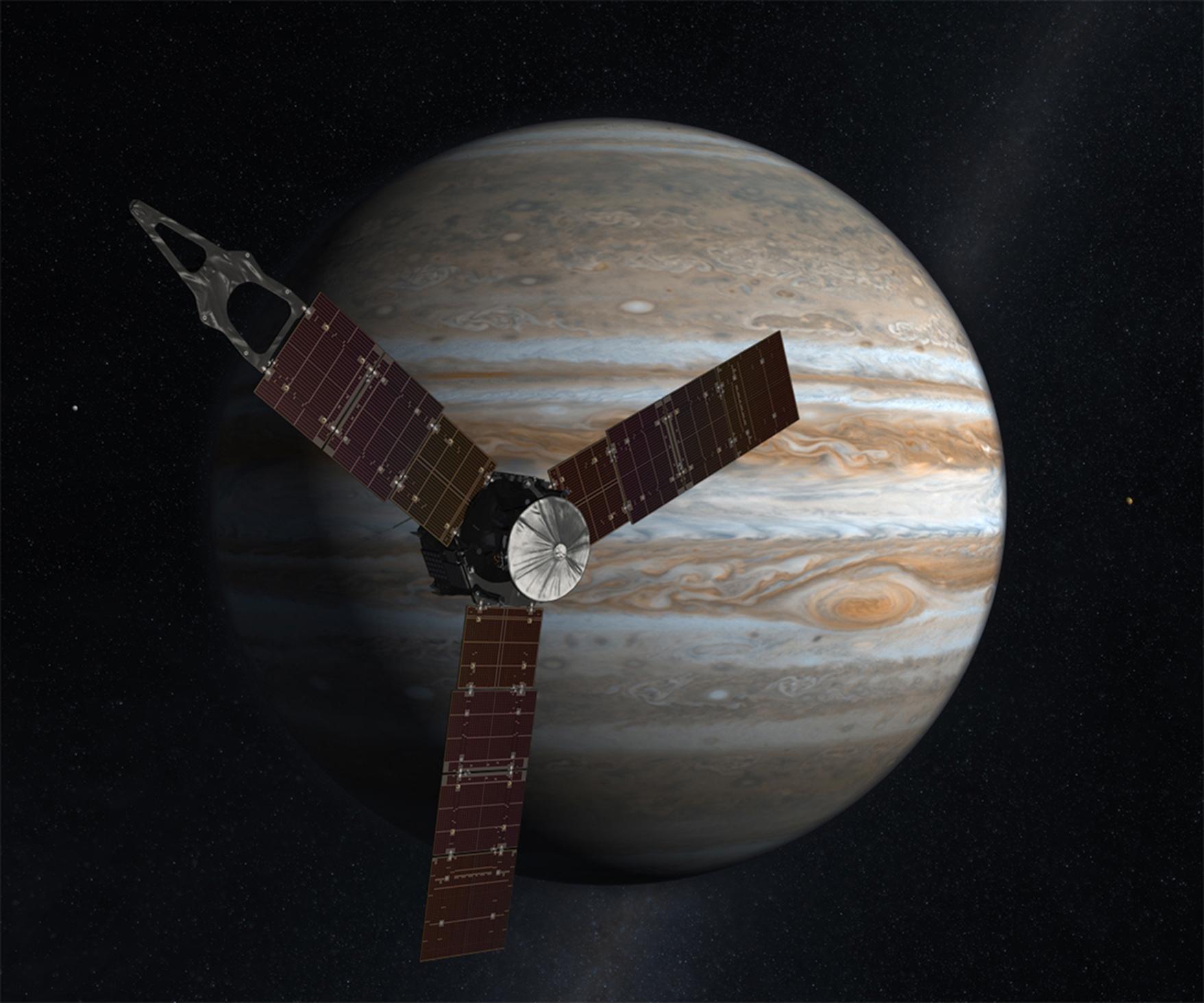 Artist’s concept of NASA’s Juno spacecraft at Jupiter.