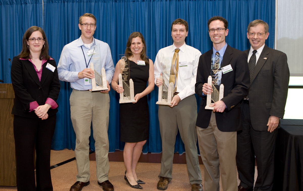 APL Technology Transfer Director Kristin Gray (far left) and APL Director Rich Roca (far right) present APL Invention of the Year awards to (from left) Lance Baird, Jennifer Sample, Andrew Mason and Jason Benkoski