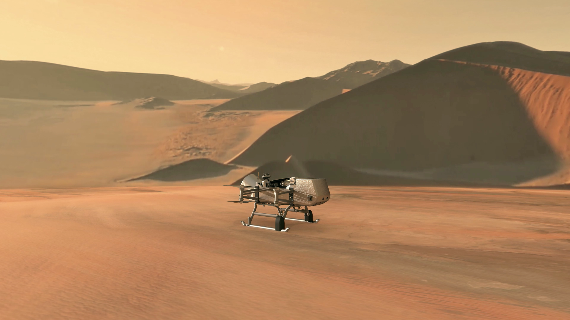 Artist’s impression of Dragonfly moving between sites on Titan