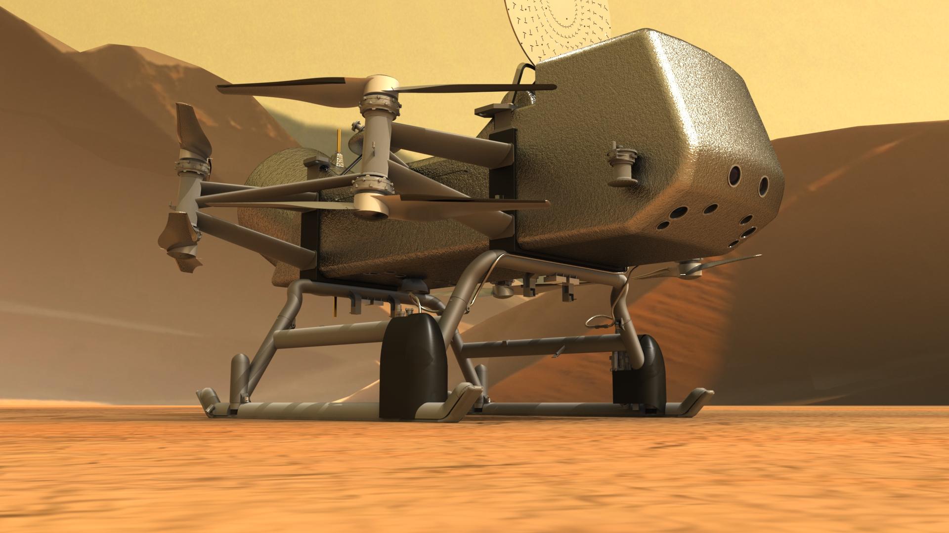 Close up artist’s impression of Dragonfly on the surface of Titan