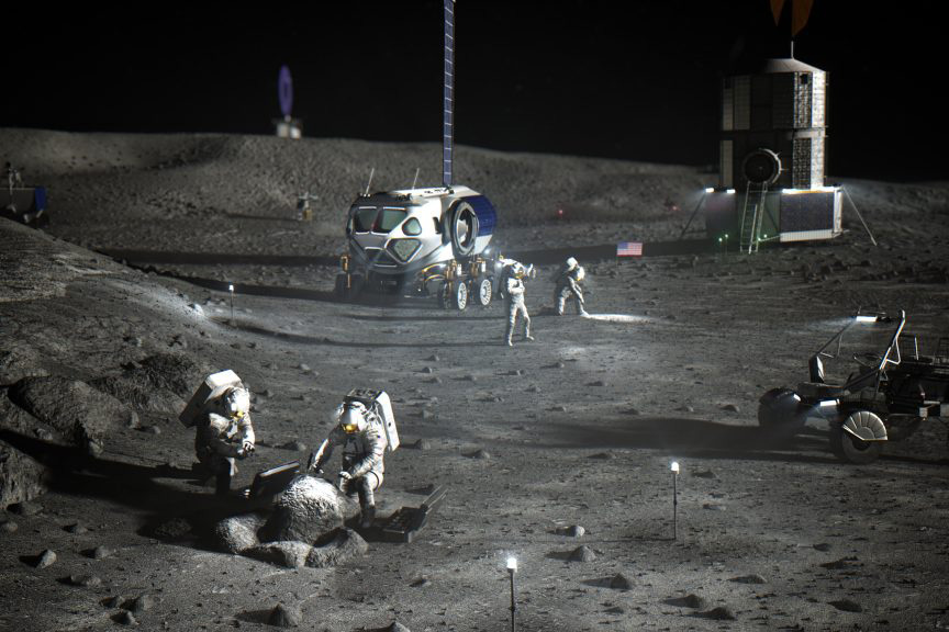 Illustration of NASA astronauts on the lunar South Pole
