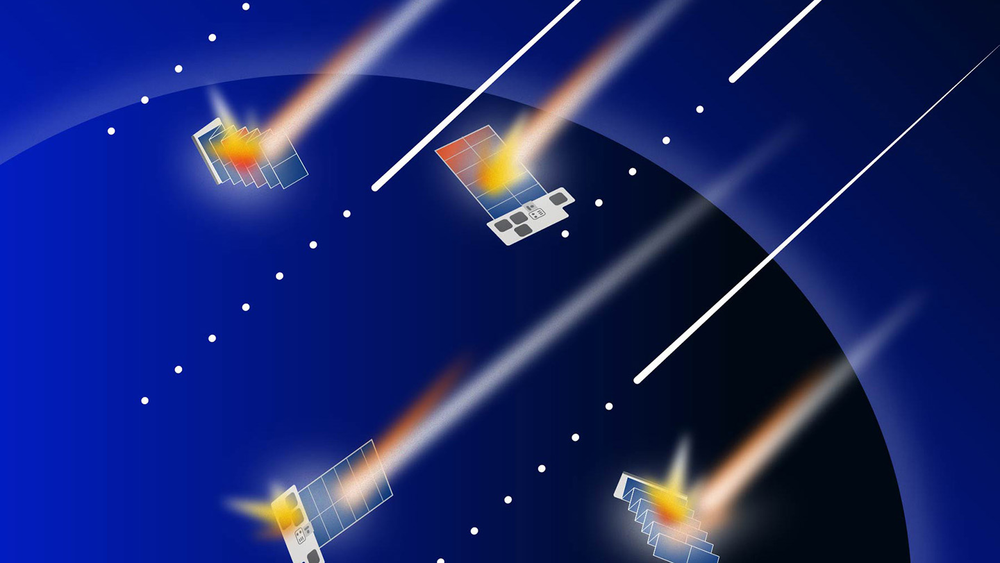 Illustration of satellites burning up in the atmosphere due to a geospace storm