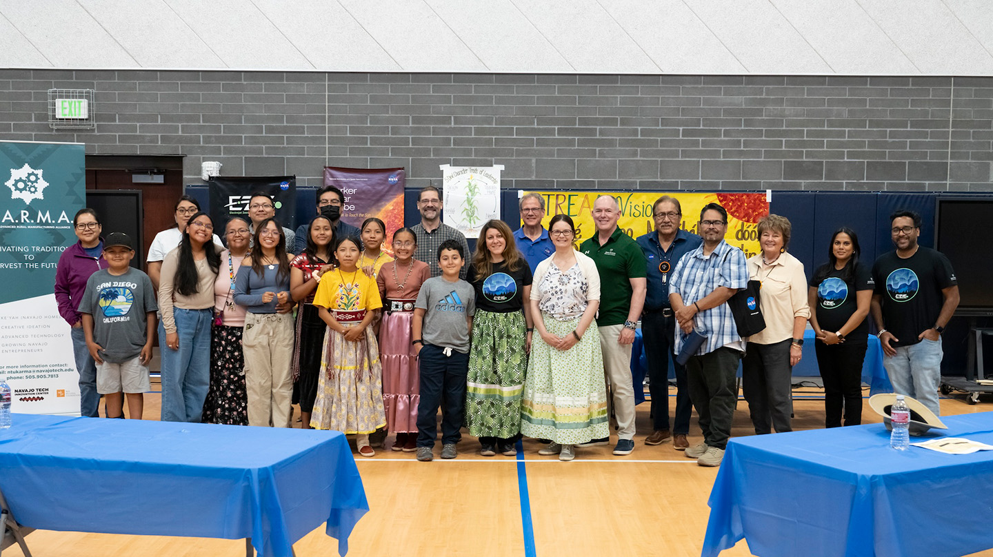 Members of the EZIE team pose for a picture with students and educators from the Little Singer Community School in Winslow, Arizona.  Credit: Johns Hopkins APL/Craig Weiman