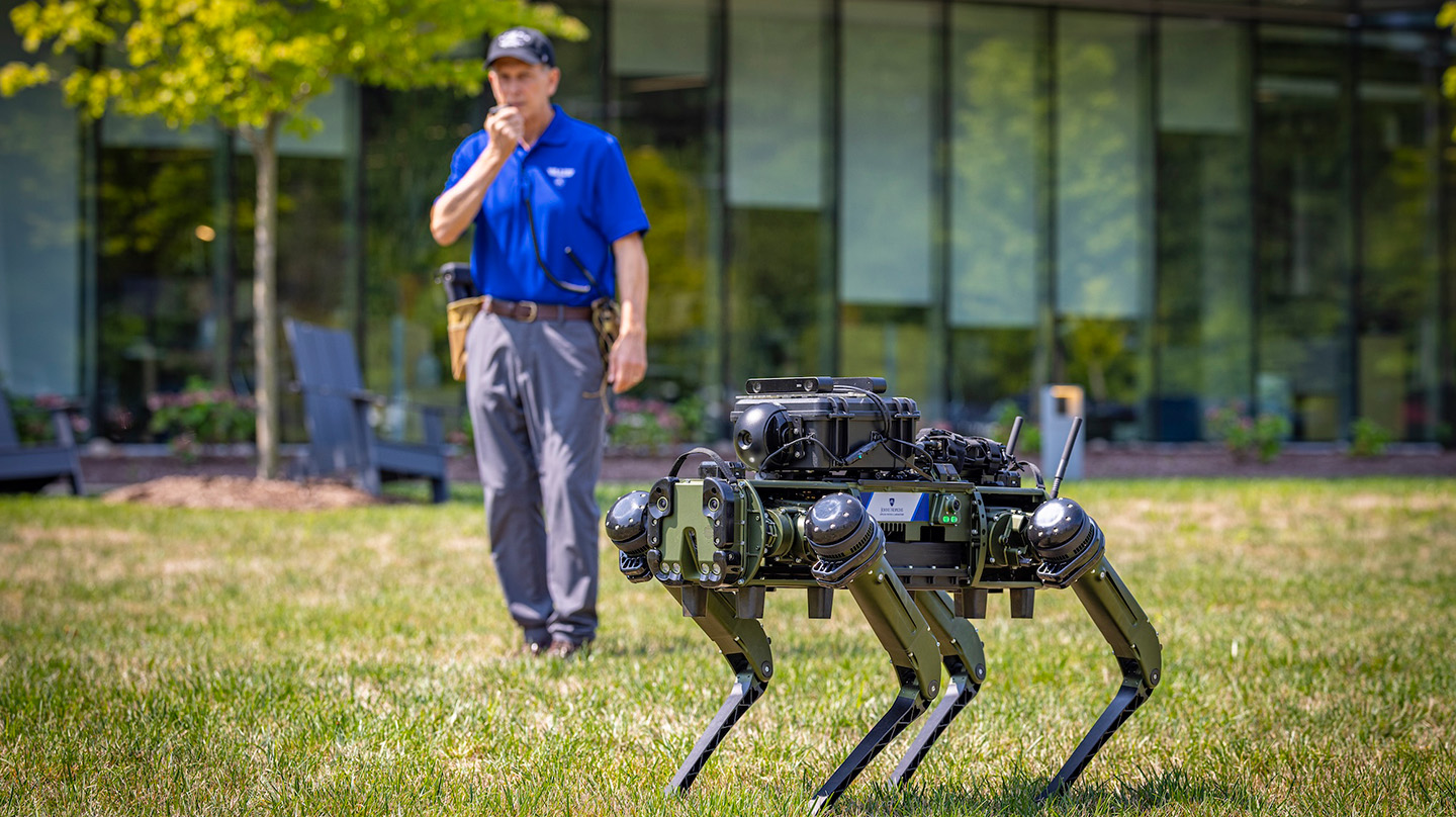 Dave Handelman demonstrates ConceptGraphs by working with a robot to identify an "injured" dummy, determine what safety means and how to achieve it. (Credit: Johns Hopkins APL/Ed Whitman)