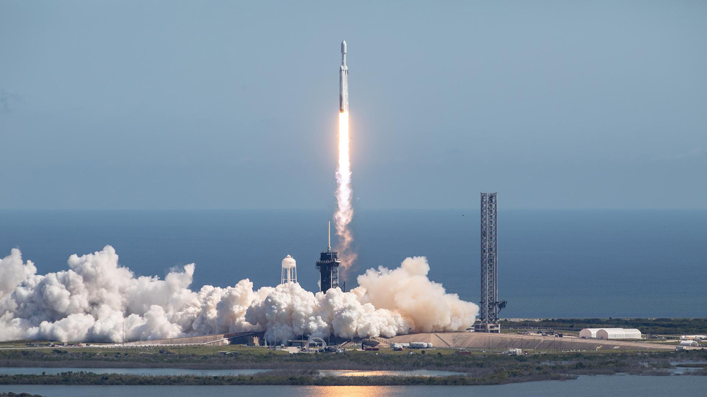 A SpaceX Falcon Heavy rocket carrying NASA’s Europa Clipper spacecraft lifts off from Launch Complex 39A at NASA’s Kennedy Space Center in Florida at 12:06 p.m. EDT on Monday, Oct. 14, 2024.