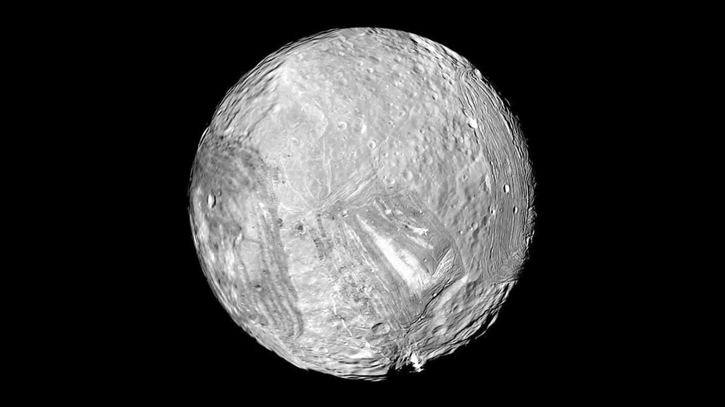 Uranus’ icy moon Miranda, captured by NASA’s Voyager 2 spacecraft on Jan. 24, 1986.