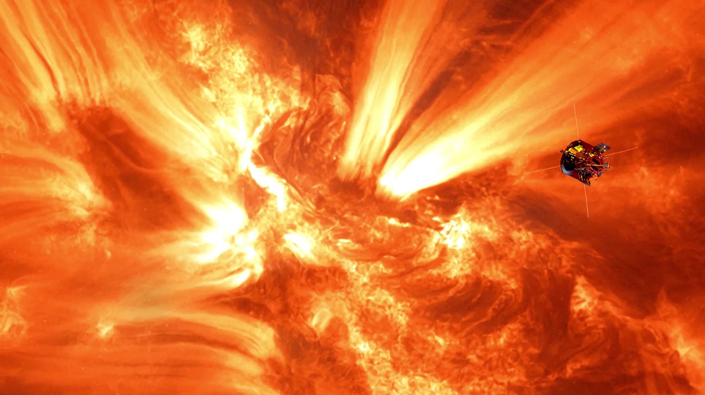 Artist’s impression of NASA’s Parker Solar Probe on its record-setting closest approach to the Sun.