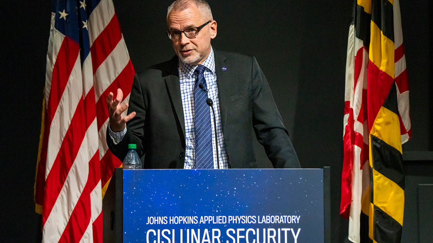 NASA Associate Administrator Jim Free delivers a keynote address during the 2024 Cislunar Security Conference hosted by APL. (Credit: Johns Hopkins APL/Craig Weiman)