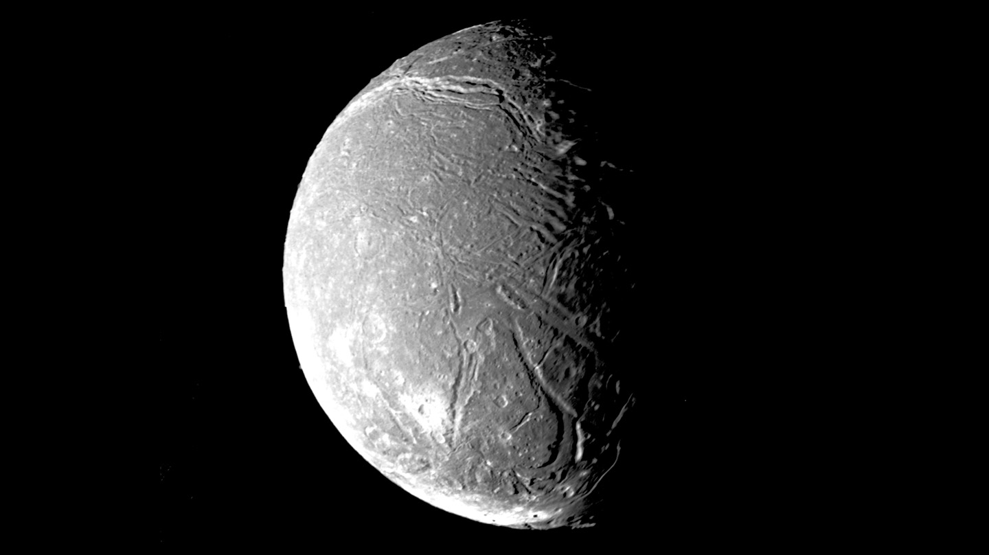 The densely pitted and grooved surface of Uranus’ moon Ariel