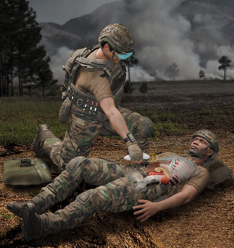 Battlefield medic views an overlay of a patient's internal anatomy