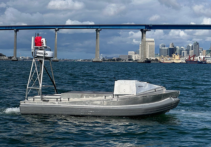 A Global Autonomous Reconnaissance Craft (GARC) at the Technology Readiness Experimentation event in San Diego in March. This was one of several types of uncrewed surface vessels analyzed by APL at the event.