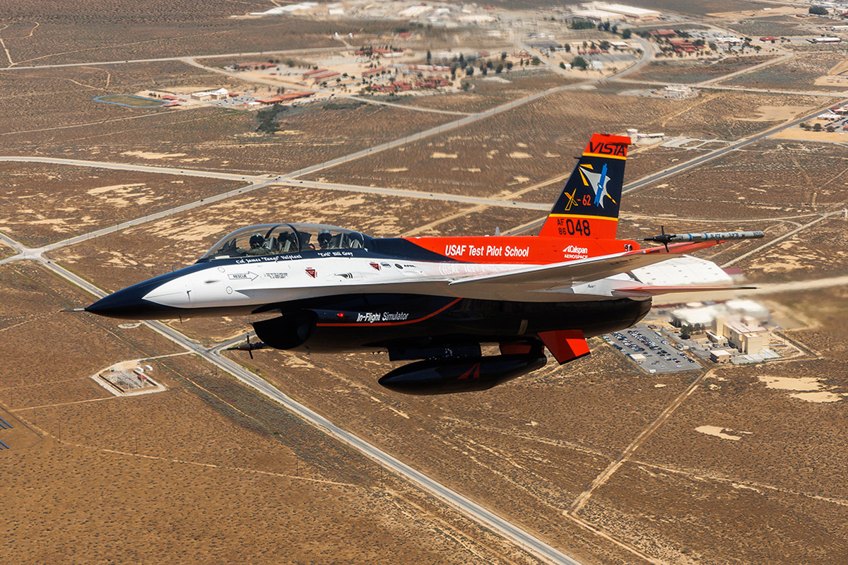 AI-piloted X-62 VISTA above Edwards Air Force Base in California.  (Credit: U.S. Air Force/Richard Gonzales)