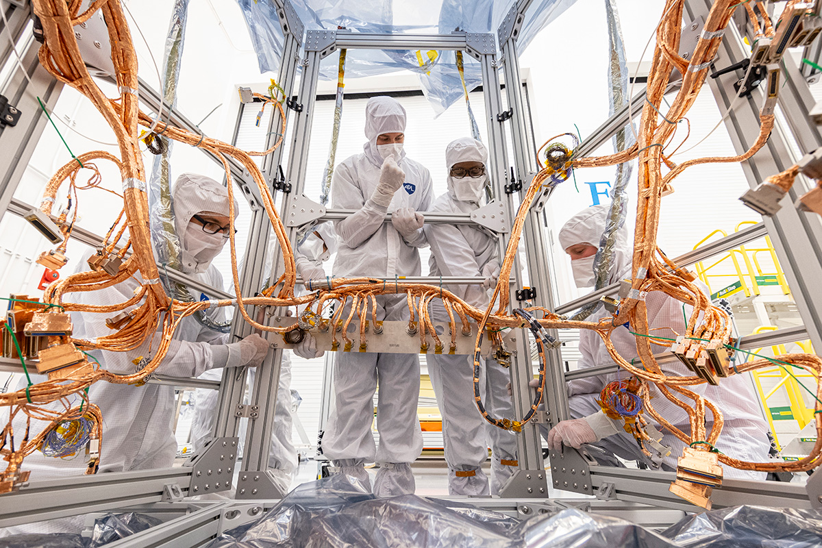 With almost 2,100 feet of wiring, the electrical harness on Europa Clipper’s propulsion module is one of the largest APL has ever built.