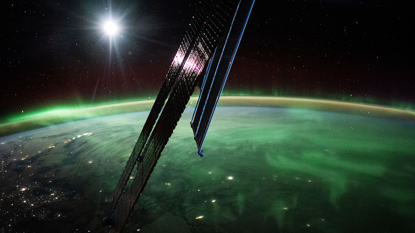 A photo taken from the International Space Station of the aurora borealis streaming above southeastern Manitoba on Feb. 28, 2023. (Credit: NASA/Josh Cassada)