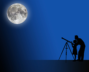 Parent and child looking through a telescope at the moon
